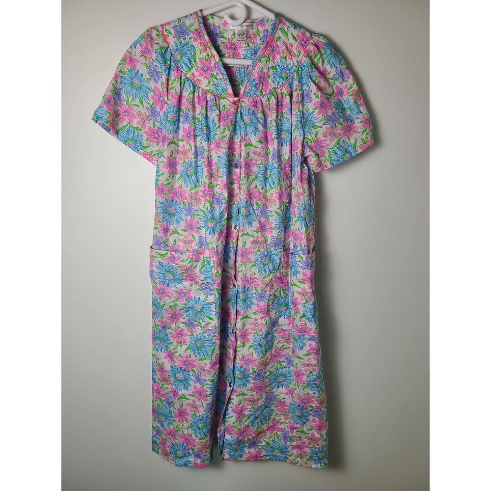 Emily Stacy Sm Floral Seersucker House Button Gown‎ Dress Robe Granny MuuMuu Vtg